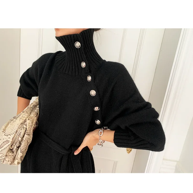 Stylish Winter Turtleneck Buttons Women Knitted Dress Elegant Full Sleeve Lace-up Female Thicken Long Sweater Dress