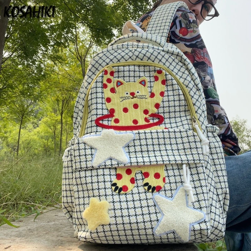 Cartoon Katze Kawaii niedlichen Stern Plaid Rucksack Frauen y2k ästhetische Harajuku Schult aschen Vintage Hoch leistungs rucksäcke für Studenten