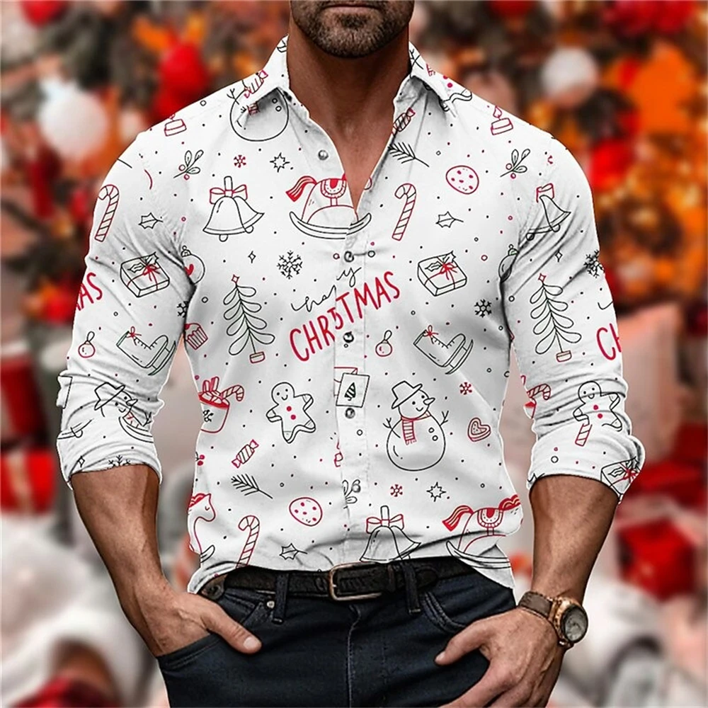 Men Christmas Long Sleeve Shirt Snowman Gingerbread Print Button Down Casual Xmas Party Tops