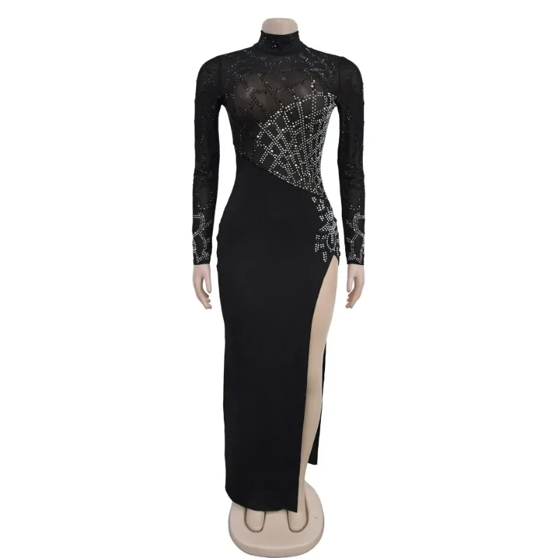 Diamonds Sheer Mesh Patchwork Bodycon Maxi Evening Party Dress Women Turtleneck Full Sleeve High Split Clubwear Birthday Robe