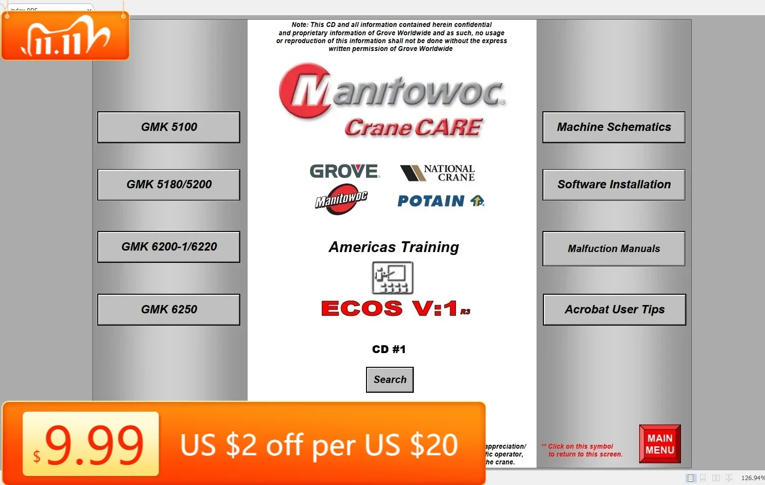 

TruckEPC Grove Manitowoc Crane Care Full ECOS V1 V2 V4 Viewer DVD