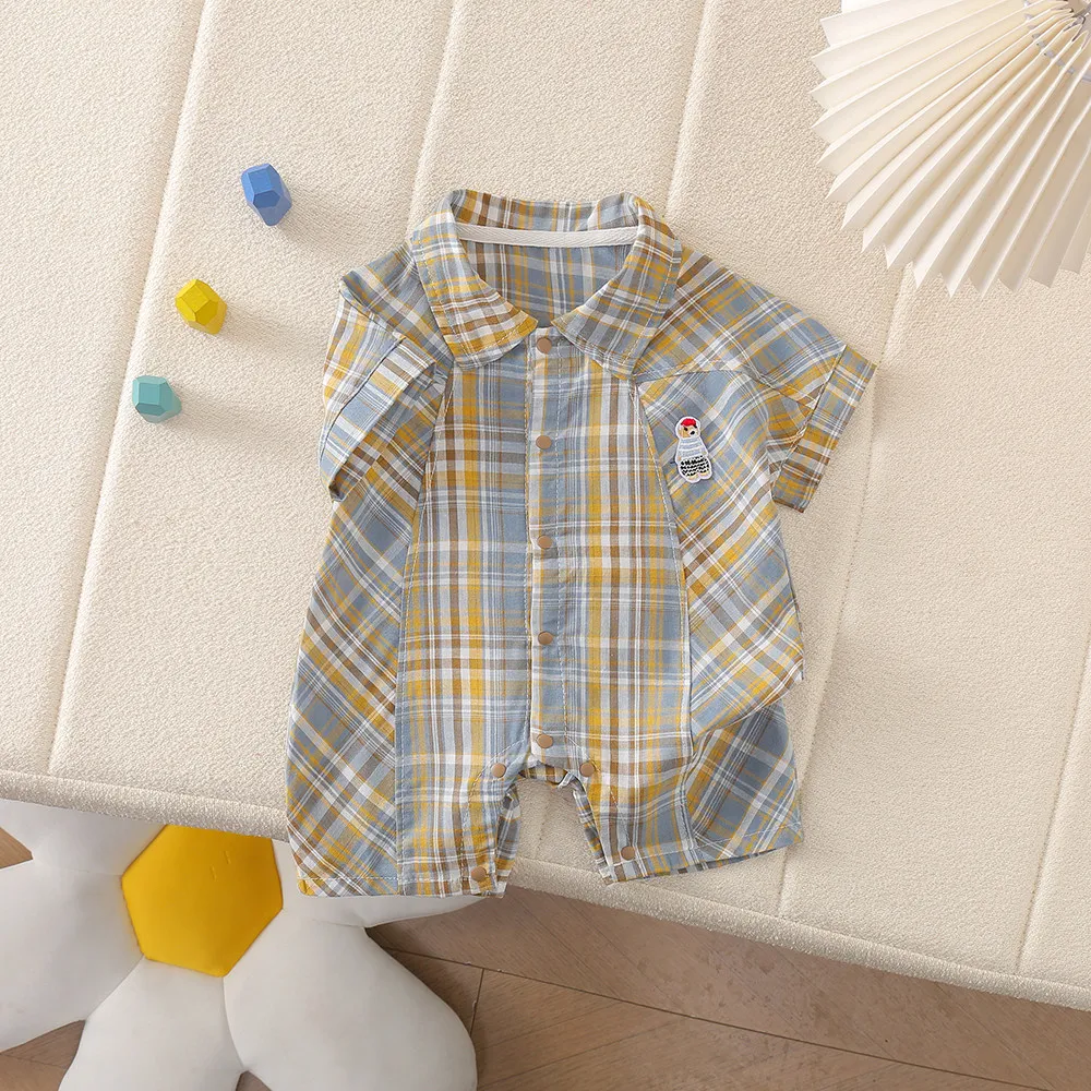 Infant and Toddler Summer Thin Woven Cotton Plaid Collared Shirt Short-Sleeve Romper for Boys and Girls, Sweat-Absorbent