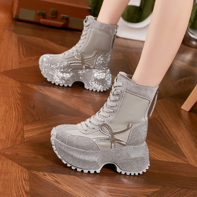 Women's Thick Sole High-top Fashion Boots Autumn New Comfort Leather Boots Rhinestone Trendy Casual Height Increase 10CM Shoes