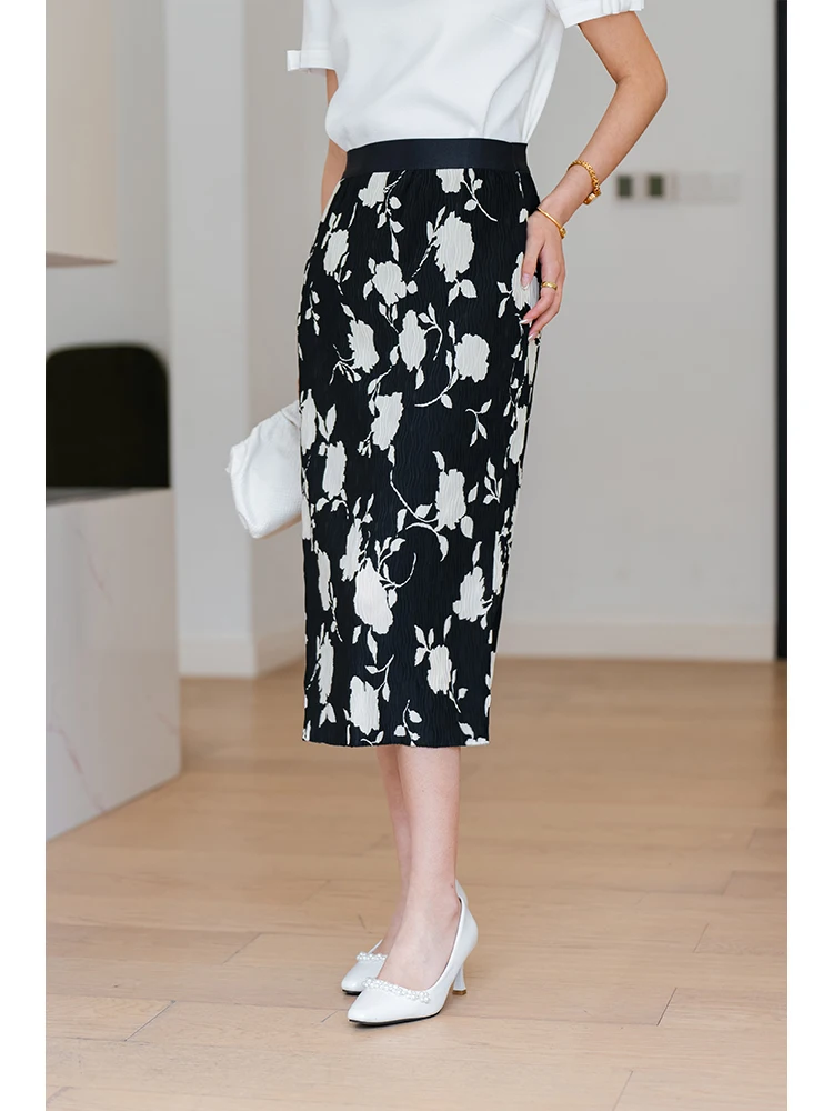 

Summer Ladies A-Line Skirt Rose Print Slimming Pleated Midi Skirt Office Wear Polyester Fiber O-aped Silhouette DS2577