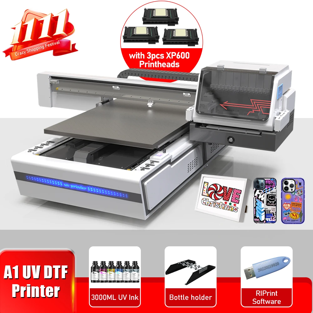 A1 UV Flatbed Printer 6090 UV Printing Machine With XP600 Printer head for Wood Acrylic Phone Case Glass Acrylic Bottle Print