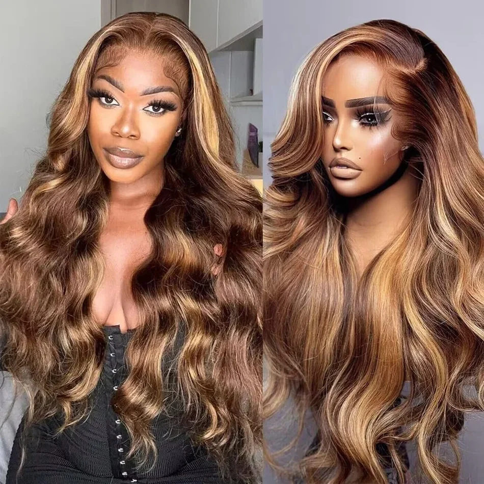 Perruque Lace Front Wig Body Wave Brésilienne Remy Naturelle, Cheveux à Reflets Colorés HD, P4/27, Densité 180%, pour Femme