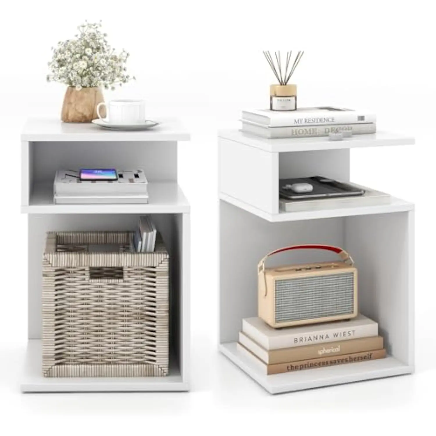 

3-Tier Side Table Set of 2, S-Shaped End Table with 2 Open Storage Compartments, Wood Narrow Bedside Table, Modern Nightstand