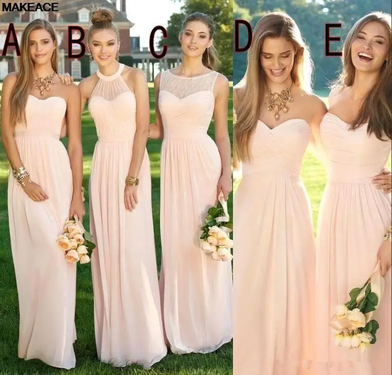 

Pink Navy Cheap Long Bridesmaid Dresses Mixed Neckline Flow Chiffon Summer Blush Bridesmaid Formal Prom Party Dresses with