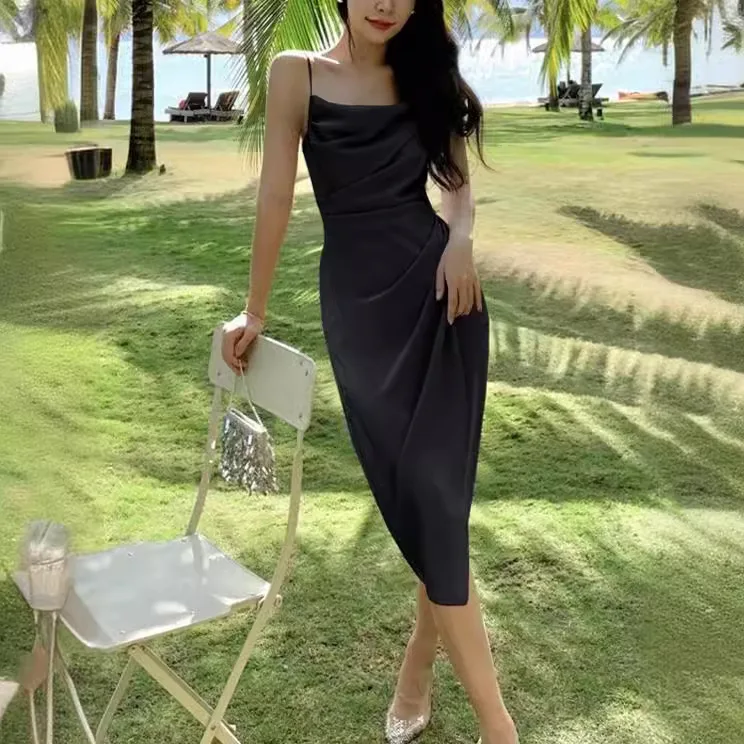 High end acetic acid satin dress for women's 2025 summer temperament French sexy pleated slit suspender long skirt