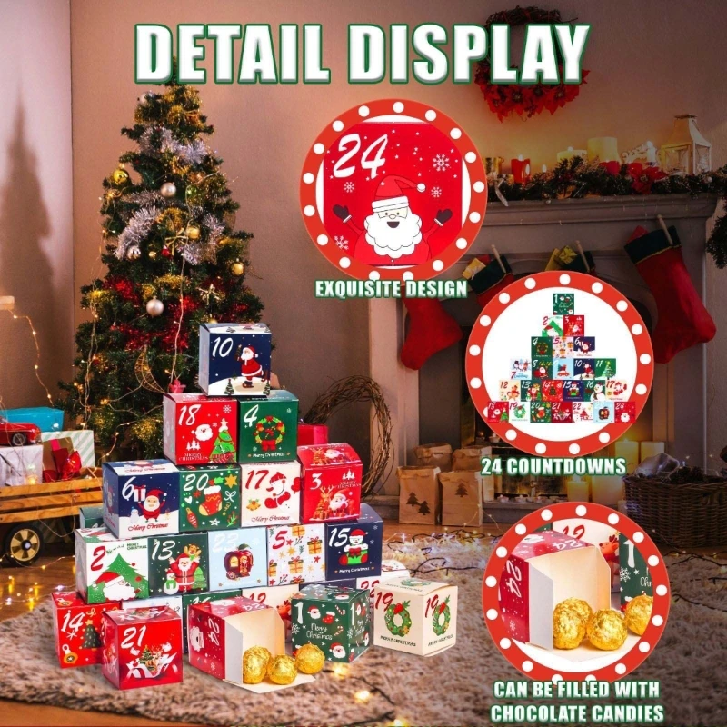 24-teiliges Weihnachts-Countdown-Kalender-Papier-Bastelset, Familienaktivität, Süßigkeitenschachtel, Geschenkverpackung, Urlaub,
