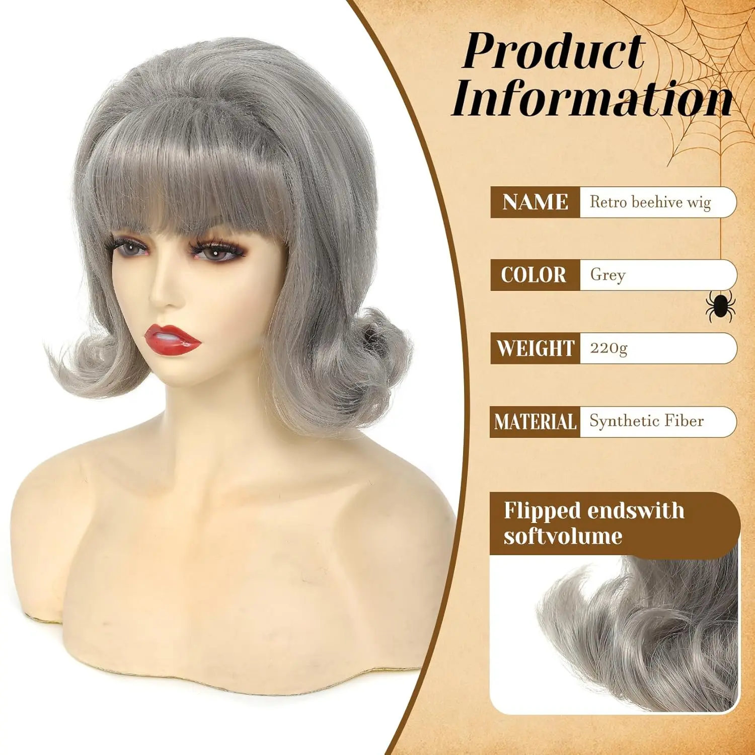 HAIRJOY Kunsthaar-Perücke, kurzer Bob mit Pony für Damen, 60er- und 70er-Jahre-Retro-Bienenstock-Bouffant-Perücken, Vintage-Kostümperücke für Halloween – Detail 6