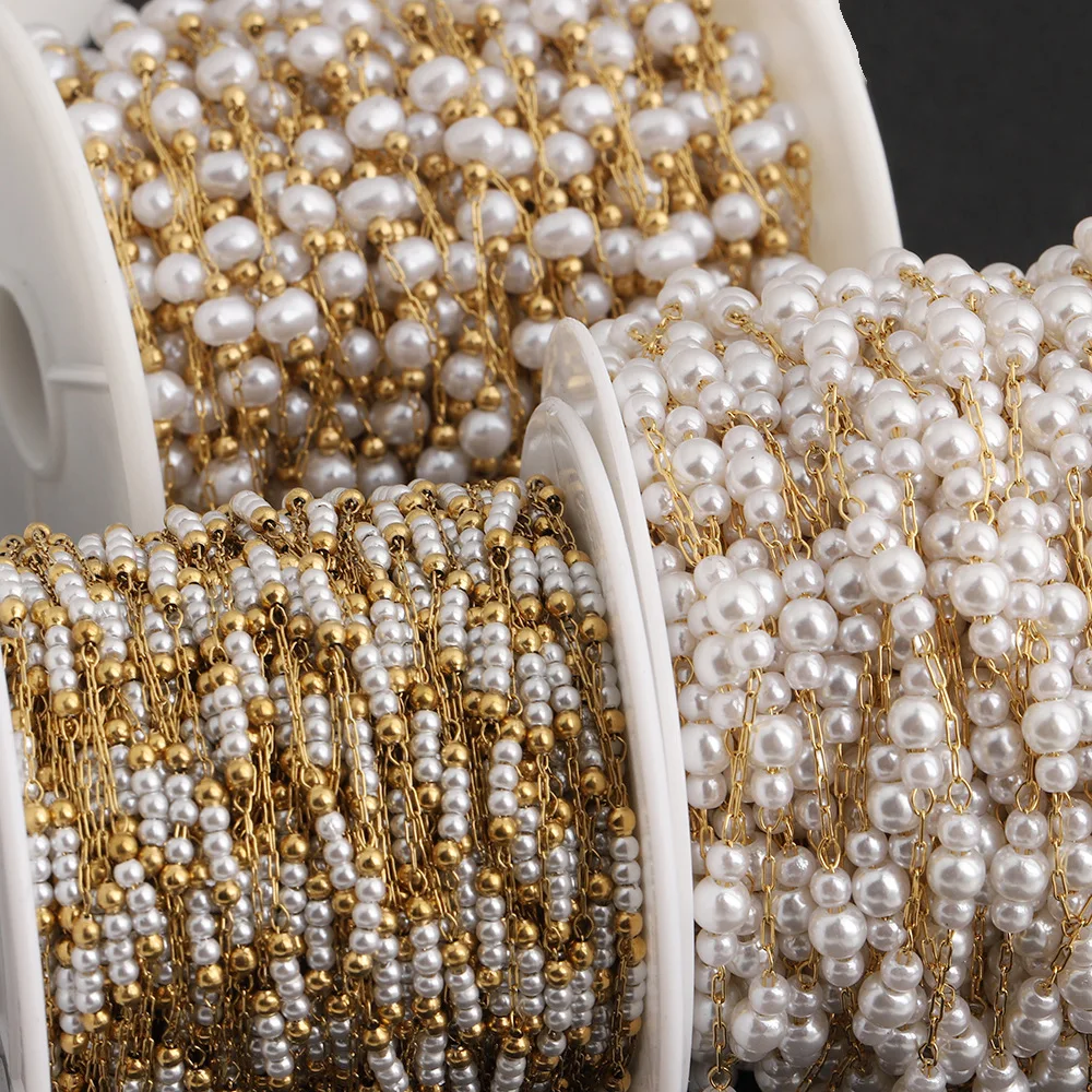 

2Meters Stainless Steel Artficial Pearl Ball Beaded Chains For DIY Eyeglasses Women Necklaces Bracelet Jewelry Making Crafts