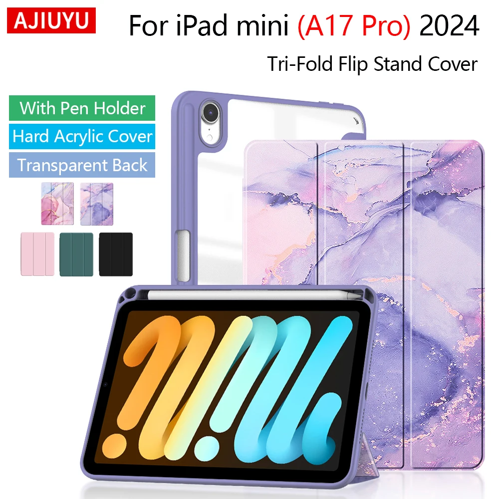 

AJIUYU Case For iPad mini (A17 Pro) 2024 Clear Back Cover With Pencil Holder For iPad mini 7 8.3" Mini7 7th Hard Acrylic Cover