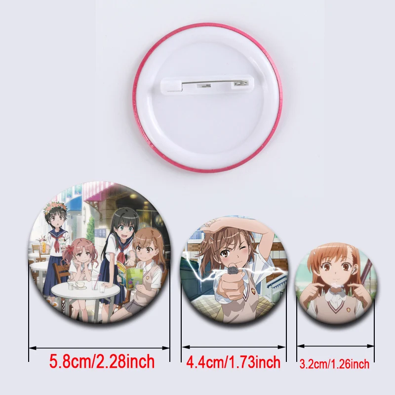 58mm Round Anime Pins A Certain Scientific Railgun Brooch Misaka Mikoto,Shirai Kuroko Cartoon Badge on Backpack Accessories Gift