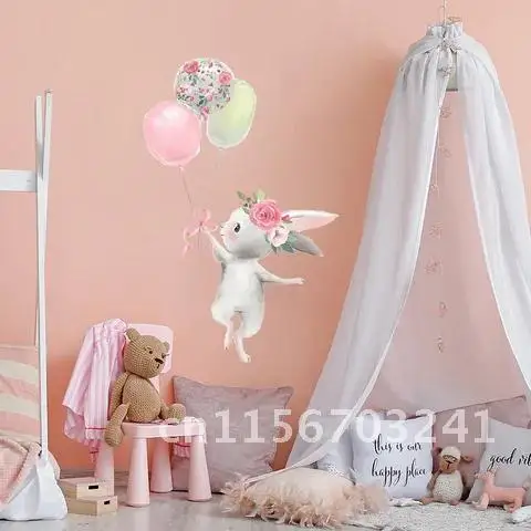 Adorable Bunny Balloon Play Wall Decal Bedroom Living Room Home Decor Kids Room Wallpaper Decoration Peelable Mural Stickers