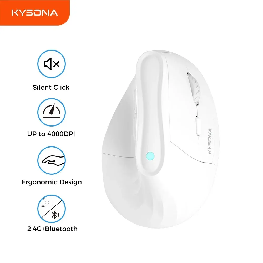 Kysona Vertical Mouse Wireless Bluetooth Ergonomic RGB Rechargeable 4000DPI 6 Mute Buttons for Tablet Laptops Computer PC Mice