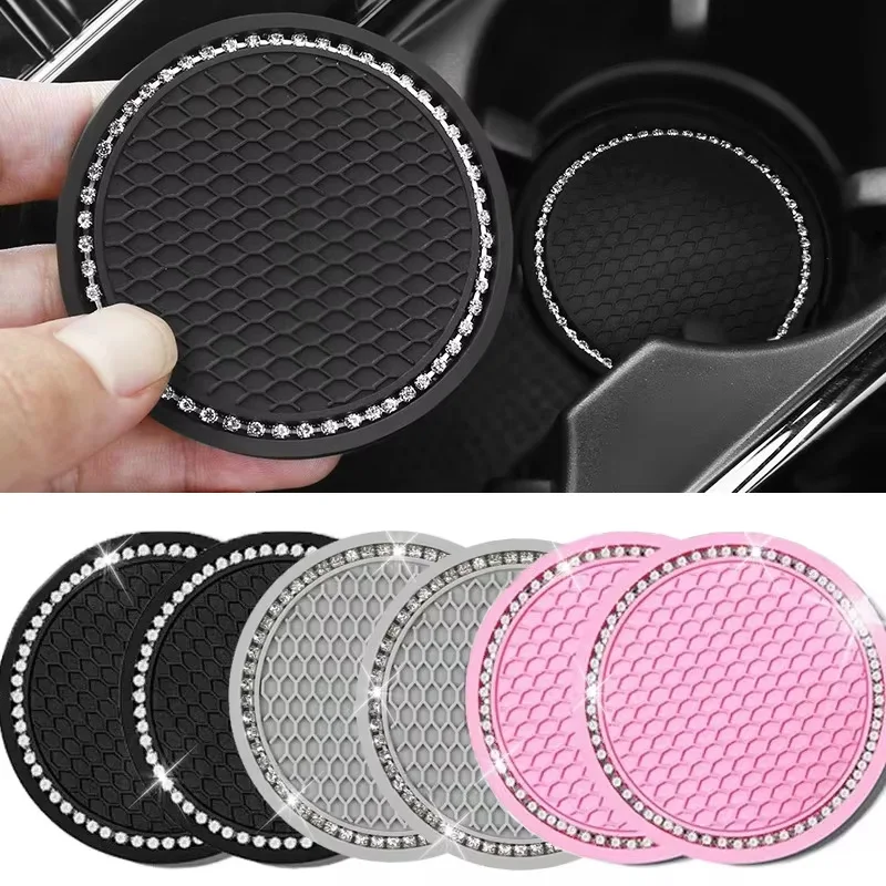 

2Pcs Car Bling Rhinestone Cup Holder Drink Pad Interior Decoration Anti-slip Mat Round Durable Coaster Heat Resi Car Accessories