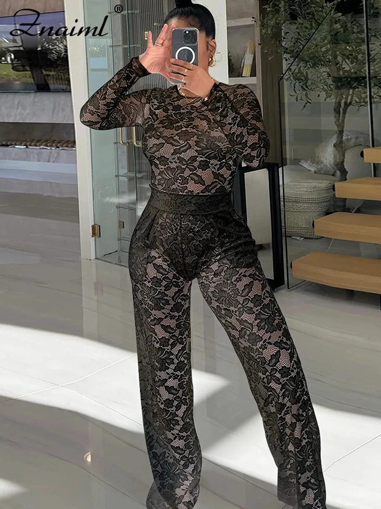 

Znaiml Sexy Lace See through Two 2 Pieces Outfit Women Black Long Sleeve Bodysuits Top and Straight Pants Suit Birthday Clubwear