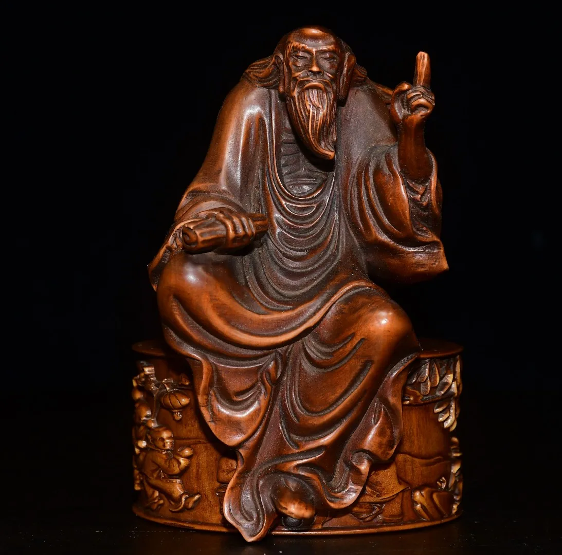 

4"Tibetan Temple Collection Old Boxwood Laozi Lord Lao Zi Immortals Taoism first ancestor Buddha Worship Hall Town house