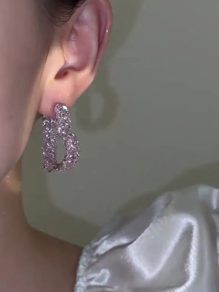 Temperament light luxury pink wheat stud earrings super flash zircon love earrings exquisite earrings