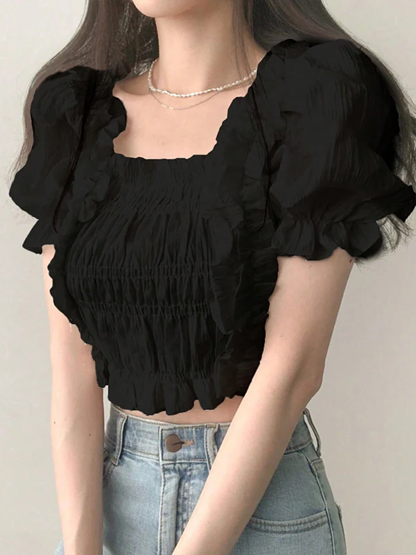 

Ele French Sle Bubble Sve Женский модный шикарный топ с квадратным воротником, летний повседневный топ ort Sve Pure Color