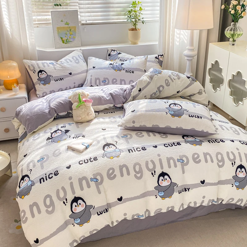 Penguin Duvet Cover Set Twin King Size Soft Microfiber Cartoon Bedding Set 4pcs for Kids Boys Wild Animal Theme Comforter Cover