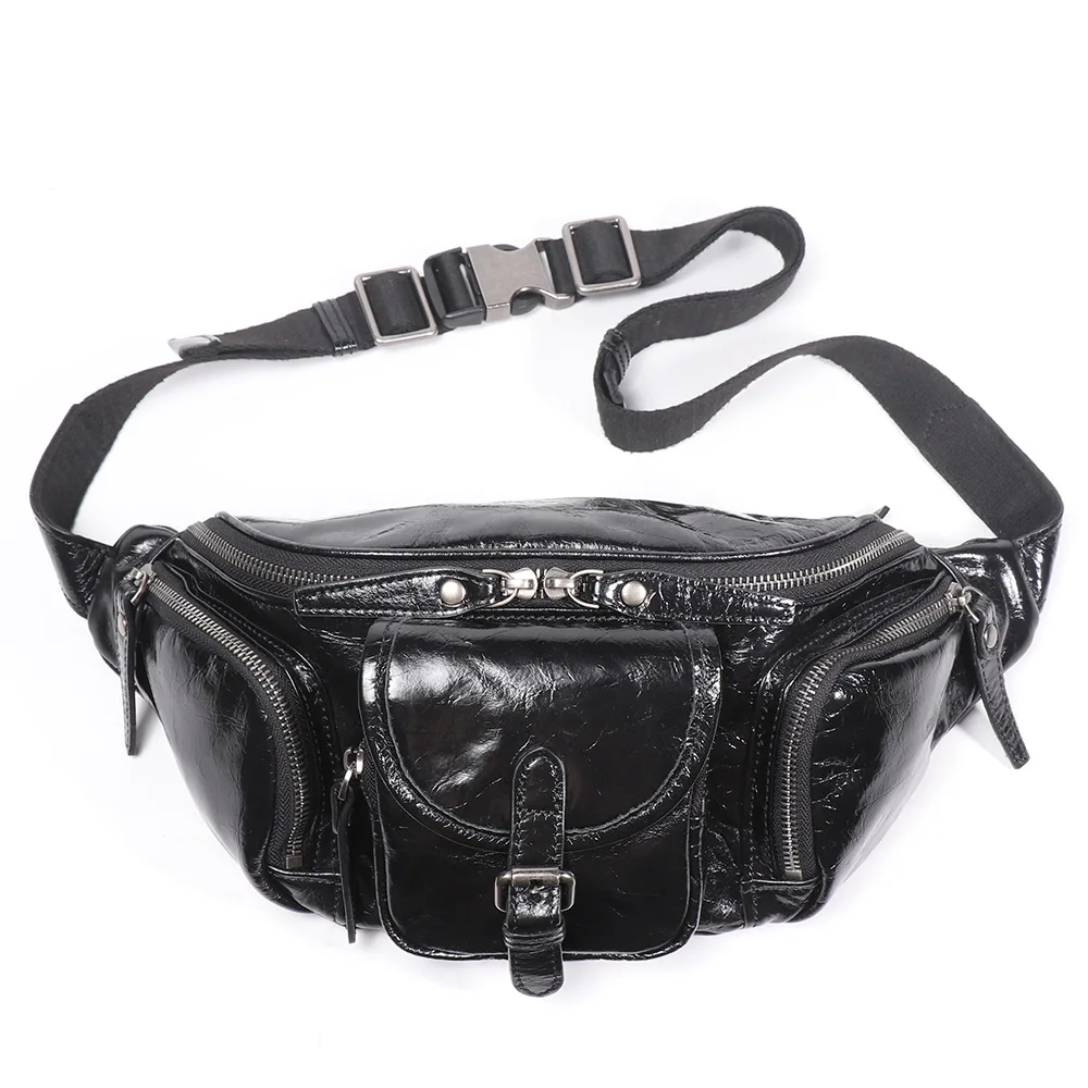 Men's Real Leather Crossbody Bag, Motorcycle Chest Pack Multifunctional for Outdoor