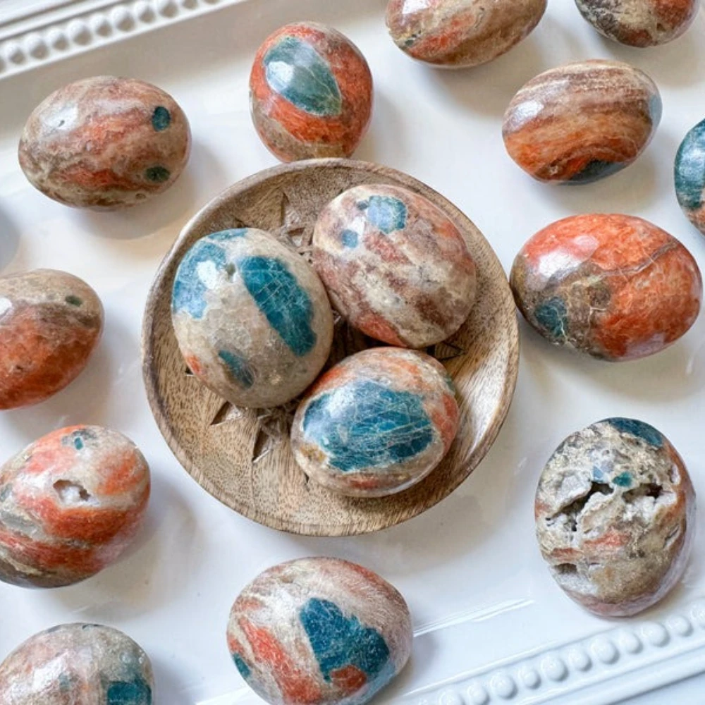 Natura Blue Apatite with Sunstone Crystal Palmstone Suitable for Home Decoration Crystal Decoration Elegant Tabletop Decor