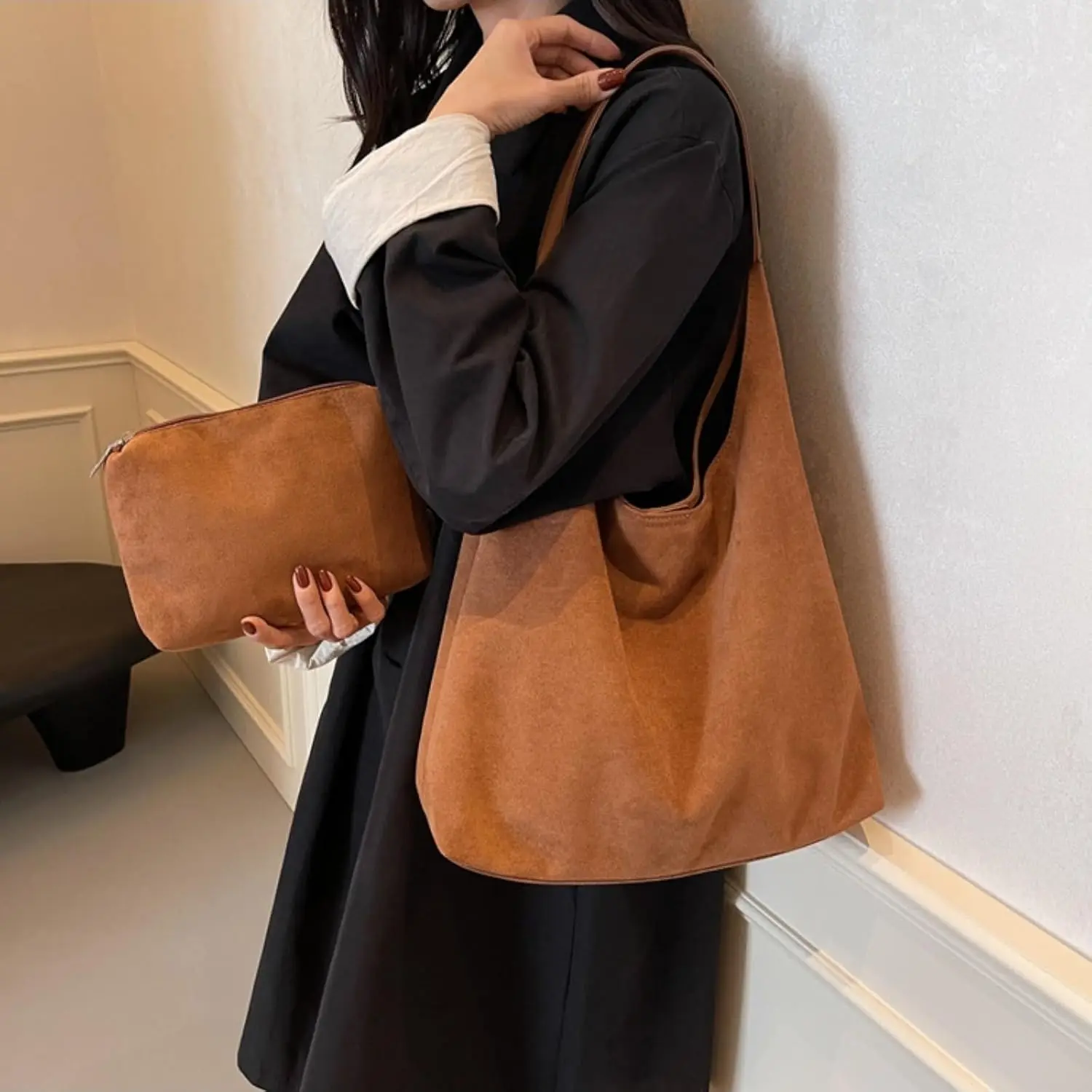 Faux Suede Tote Bag with Pouch, Hobo Slouch Bag, Women's Shoulder Bags Retro Hobos Bags for Travel School College Work