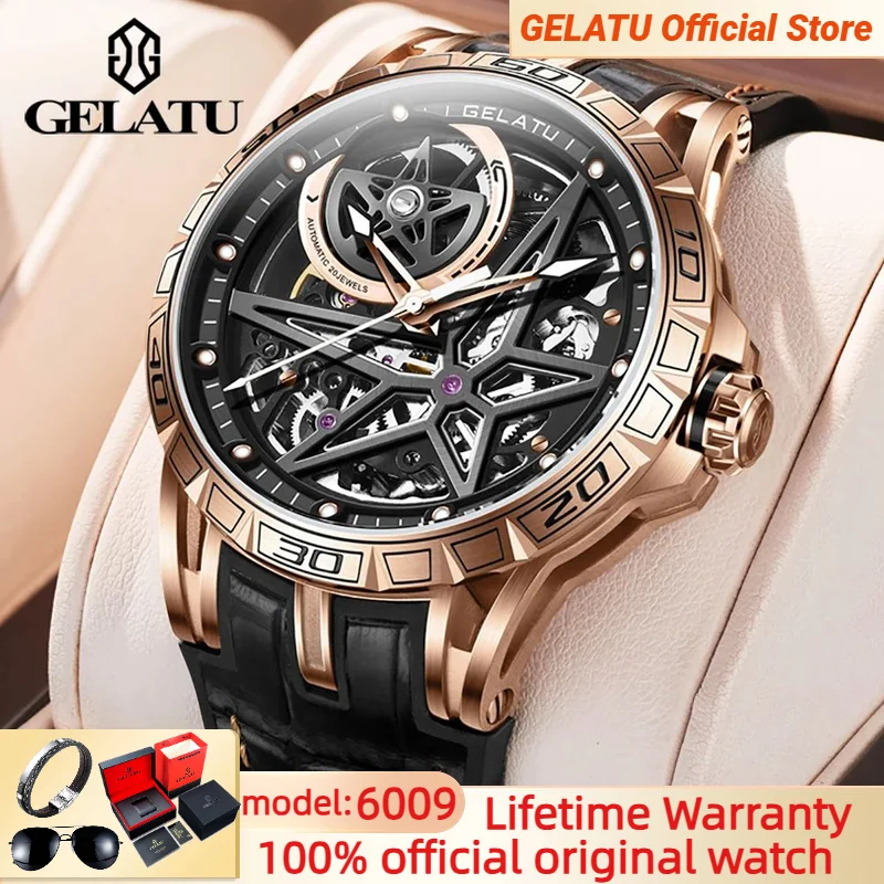 

GELATU 6009 Mens Watch Luxury Hollow Stainless steel Leather Strap Original Automatic Mechanical Watch for Men Relojes Hombres