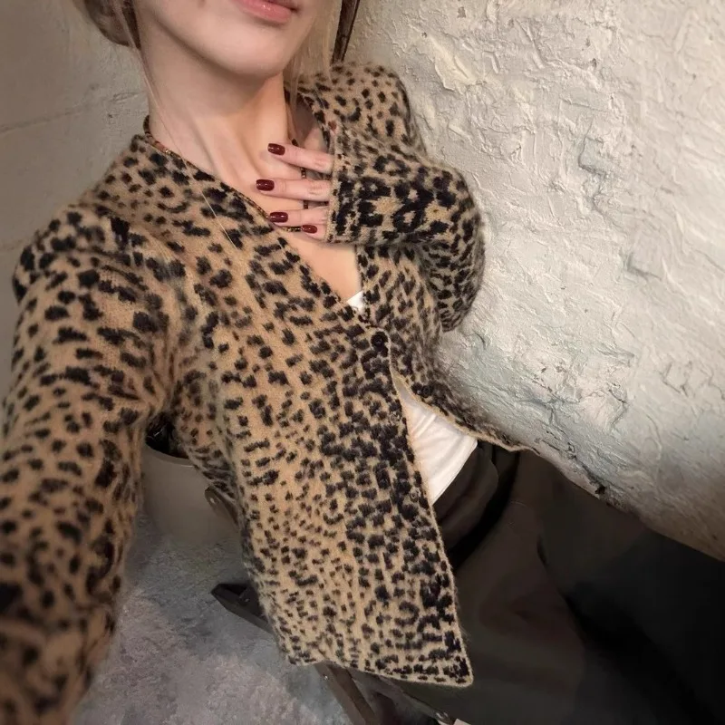 American Retro Leopard V-neck Knit Cardigan European and American Spice Girl Sweater Coat