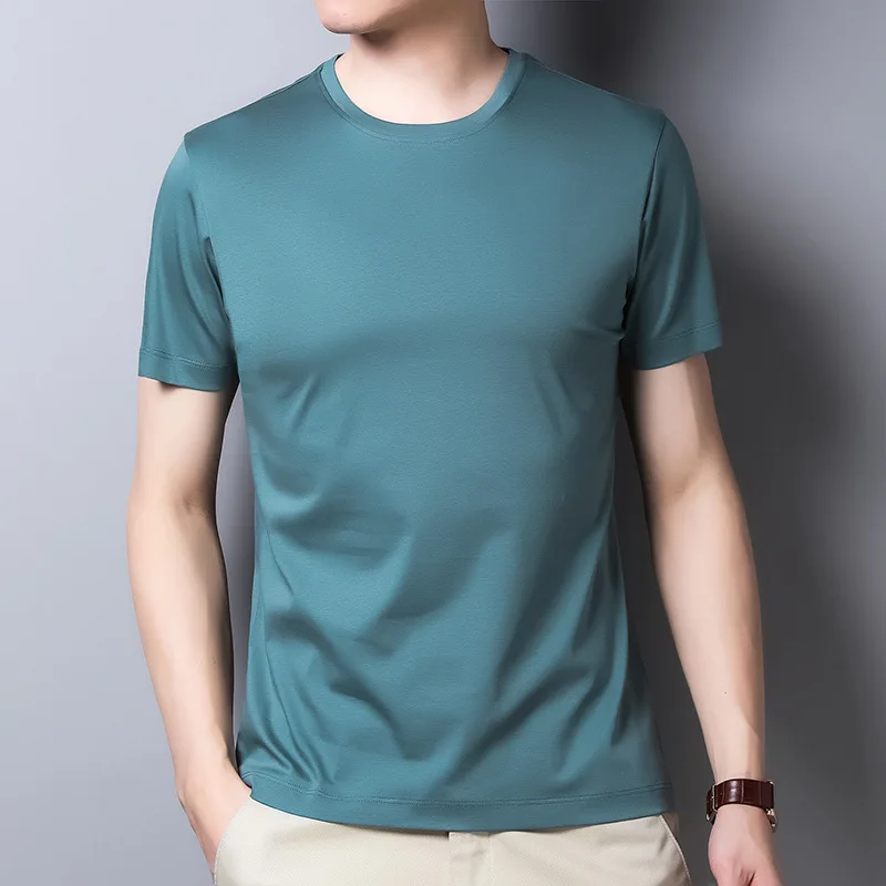 Summer Middle-aged Men\'s Double Mercerized Cotton Round Neck Short-sleeved T-shirt Solid Color Korean Version Men\'s T-shirt