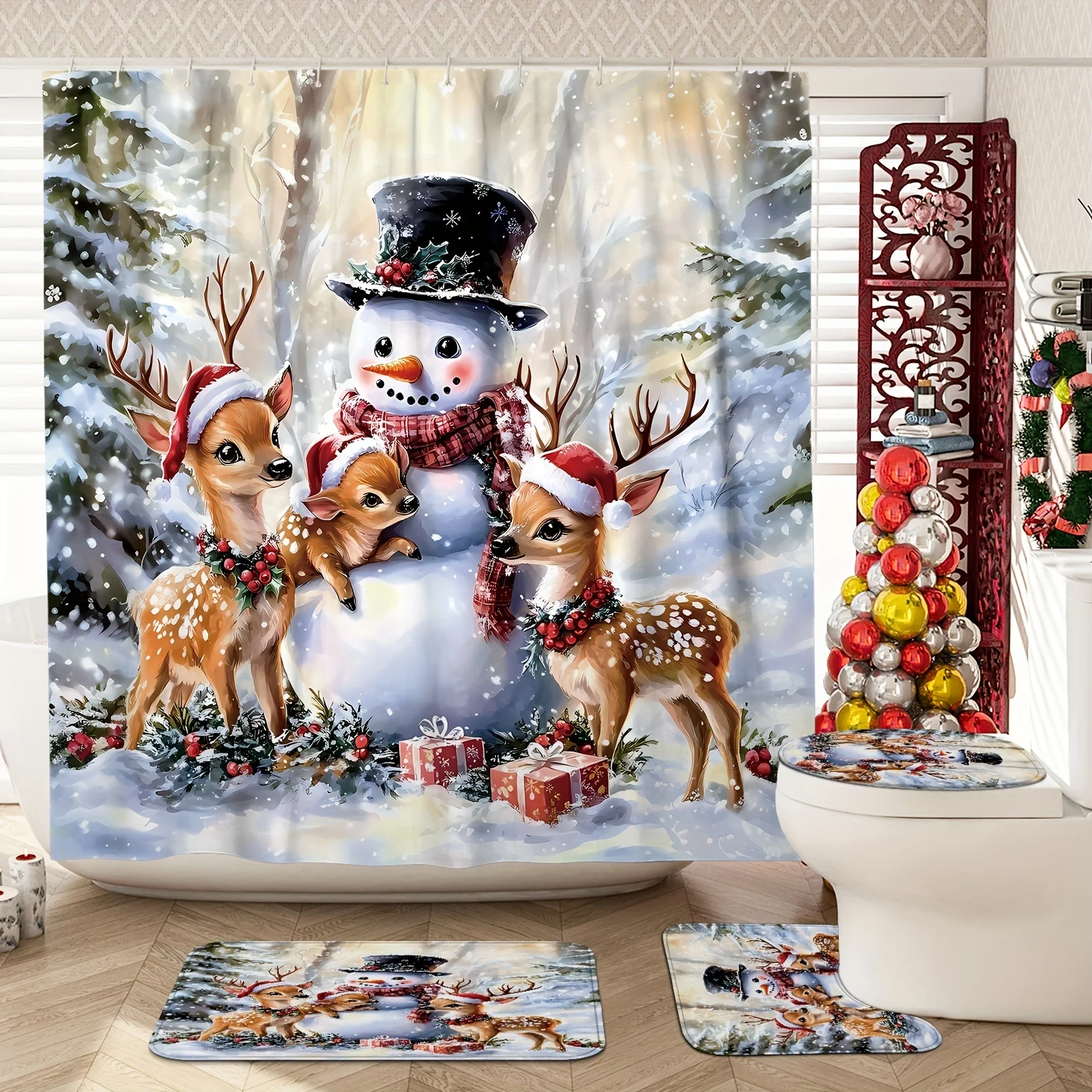 4Pcs Xmas Winter Bath Set,Snowman Deer Pine Tree & Holly, Non-Slip Mat, U-Shaped Toilet Cover, 12 Hooks, Winter Wonderland Theme