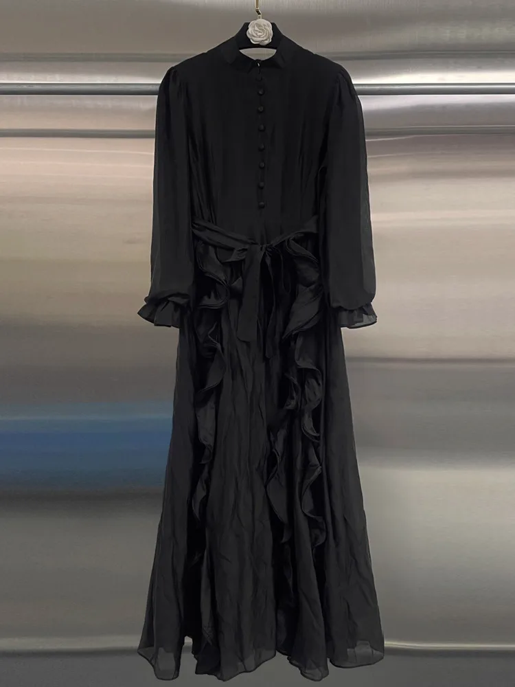 DFDG femmes 2025 printemps été élégant luxe Chic robe Maxi à volants cravate taille coupe ajustée mode soirée robe de Cocktail