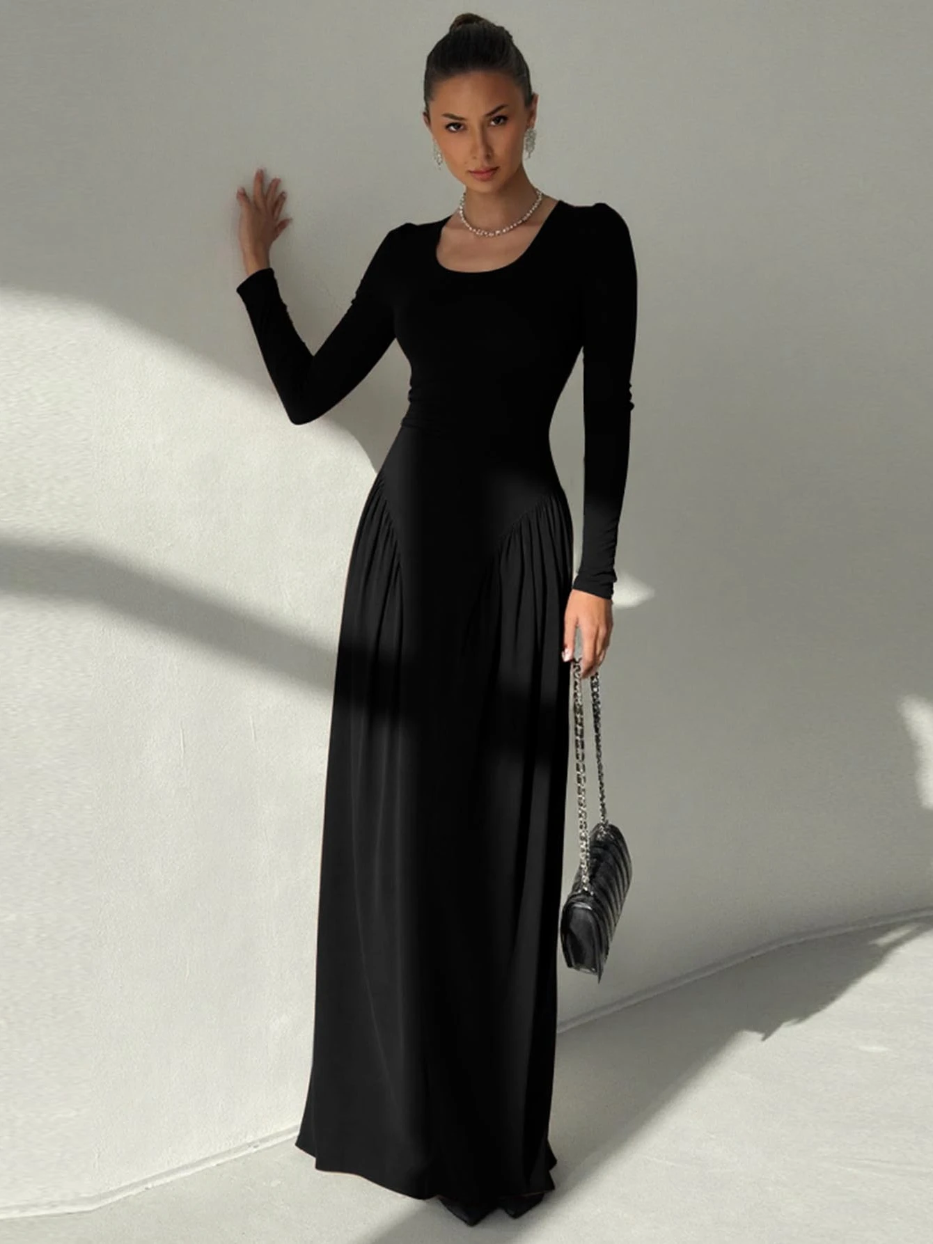 Dulzura الخريف موضة أنيقة U الرقبة طويلة الأكمام الدانتيل يصل الأشرطة مطوي فستان طويل المرأة الصلبة مثير الملابس نادي الحفلات الزي #3