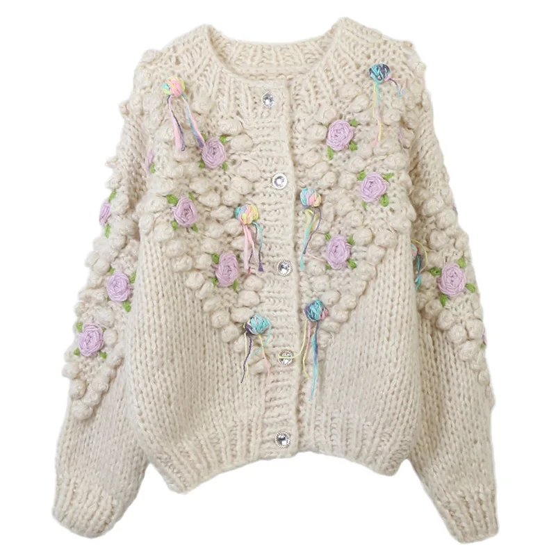 

Lazy sweater three-dimensional flower fringe long sleeve loose 2023 autumn/winter new female French vintage knit cardigan