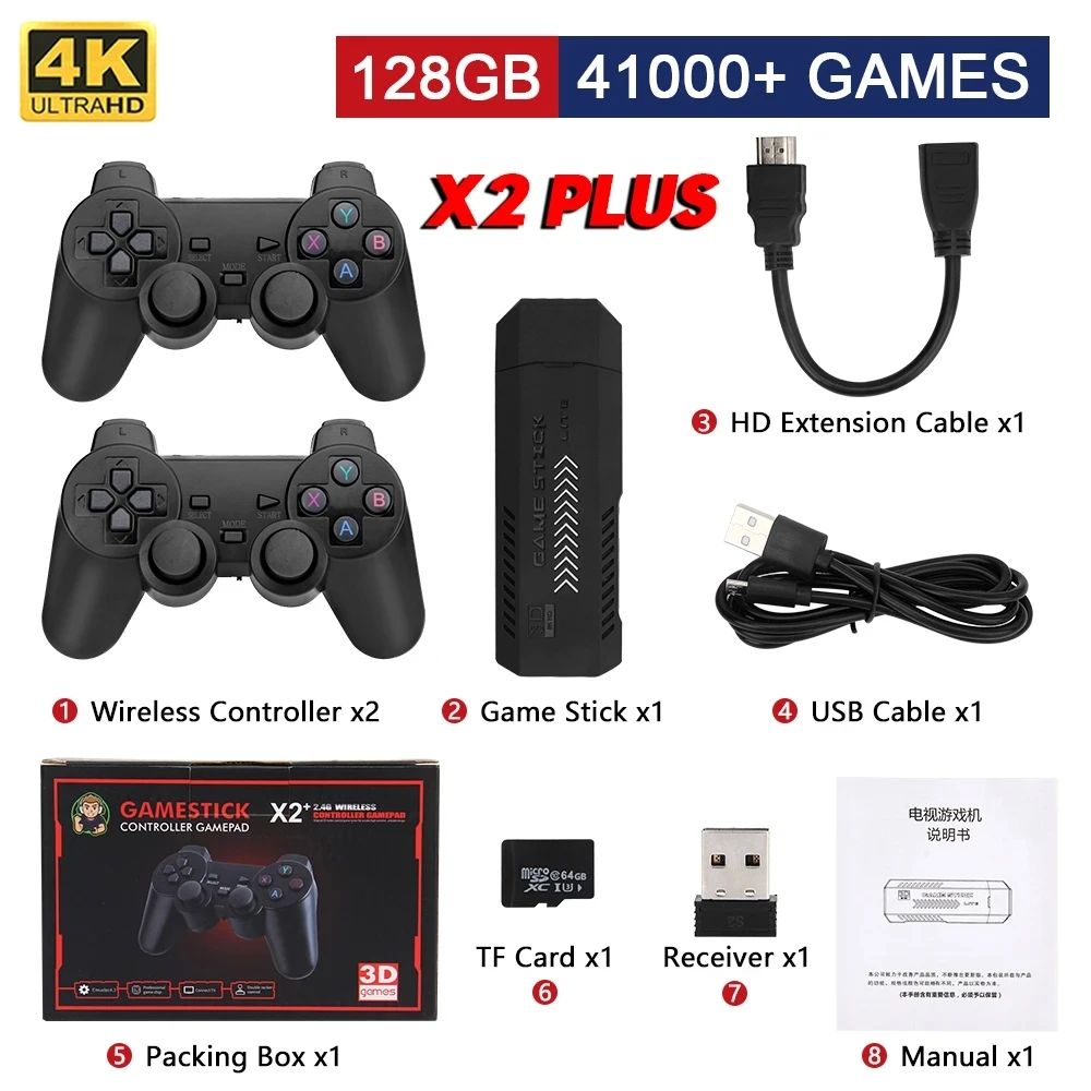 

NEW X2 Plus Retro Video Game Console 4K HD Output Gamestick Emuelec 2.4G Wireless Controllers 3D For PSP/PS1 40 Simulators Games