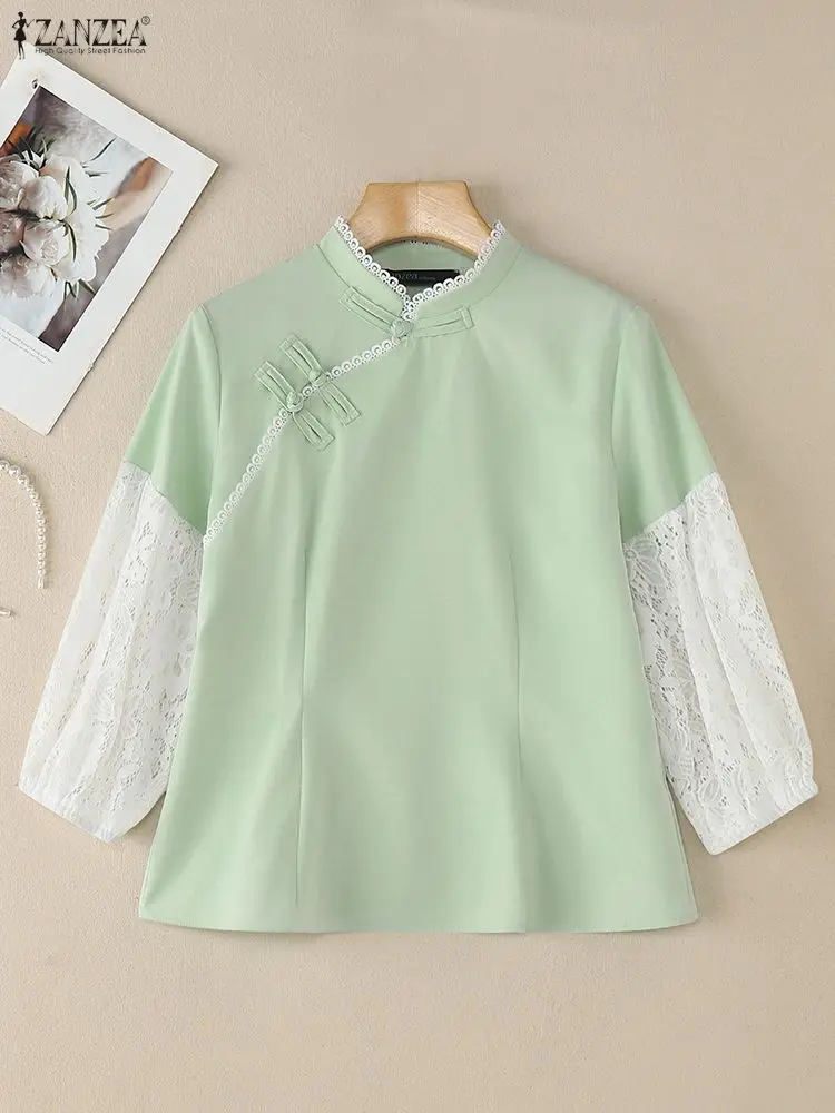女性用スタイリッシュな透かし彫りブラウス ZANZEA 2026 春 レース パッチワーク シャツ 夏 七分袖 ワークトップス ボタン付きブラウス チャイナ風