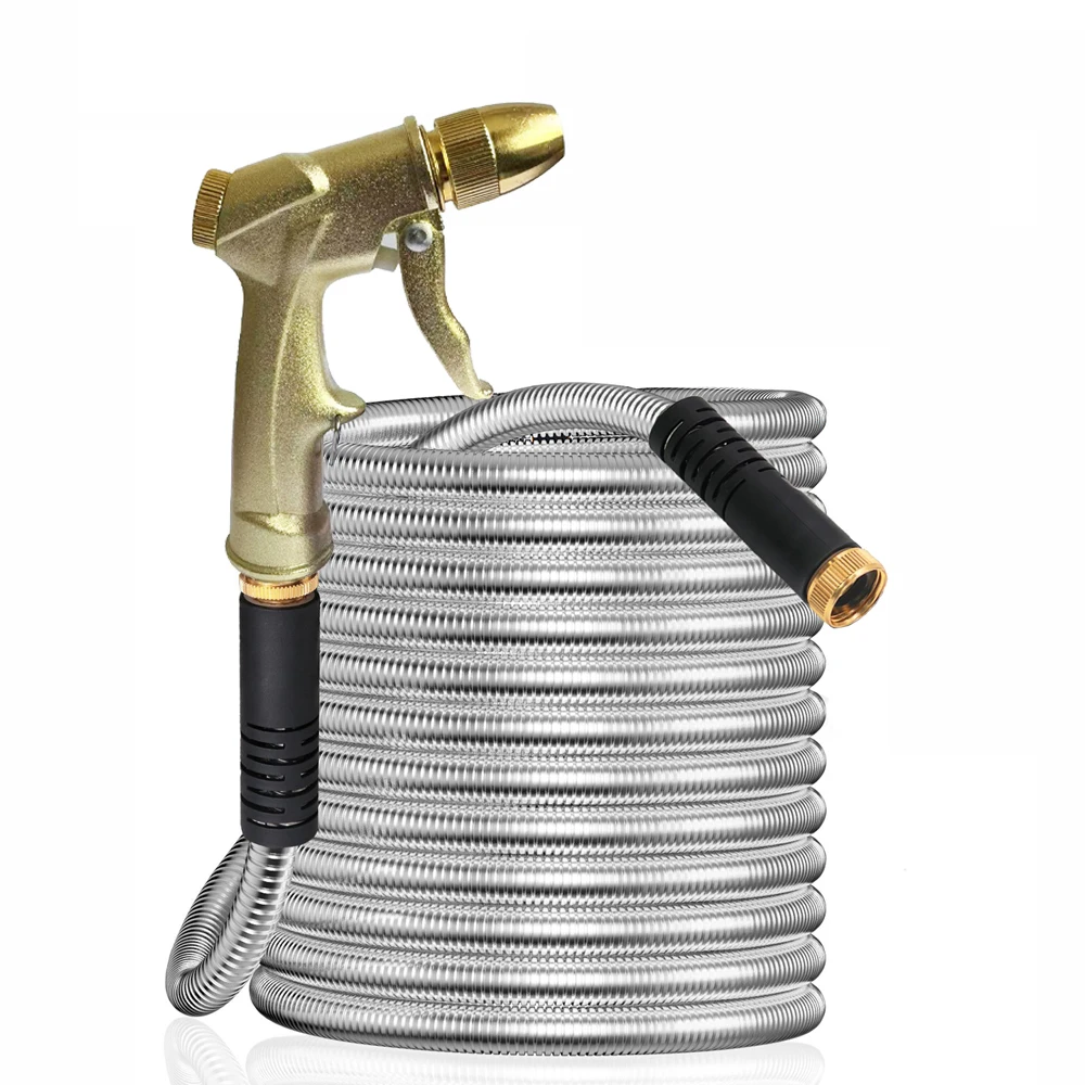 High Voltage Duty Stainless Steel Garden Hose Nozzle, No-Kink, Rust-Proof, Flexible & Lightweight Metal Water Hose Solid  ﻿