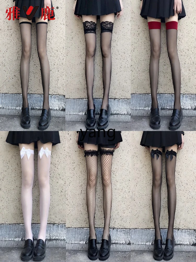 Yjq black silk lace bow over knee anti-hook stockings spring and summer