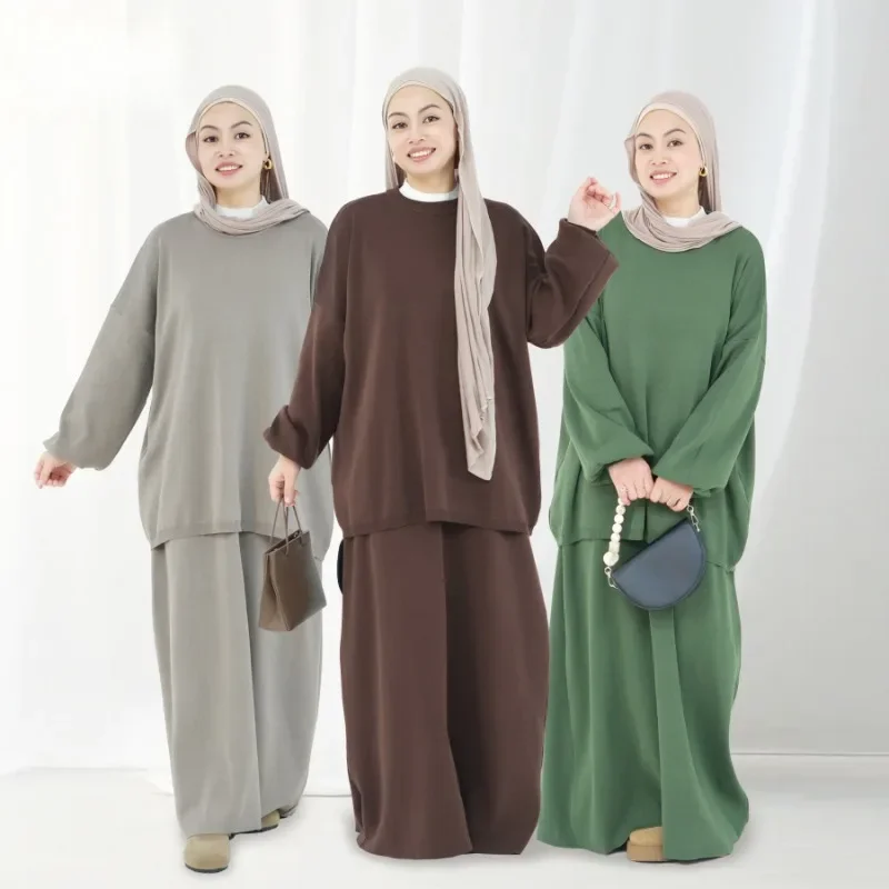 Autumn Winter Thickened Knitted Sweater Skirt Set Ramadan Modest Suits Muslim Women Solid Color 2-piece Set Warm Islam Clothing