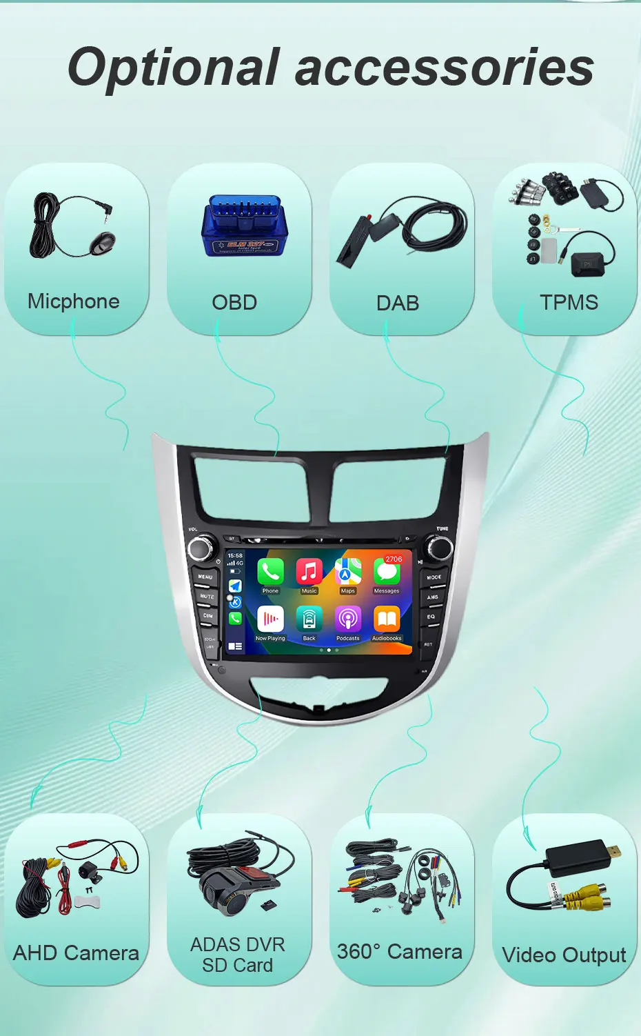 7-Zoll Android Autoradio für Hyundai Solaris Accent Verna 2010-2016 Kabelloses CarPlay Android Auto GPS WLAN BT FM Touchscreen Stereo – Detail 18
