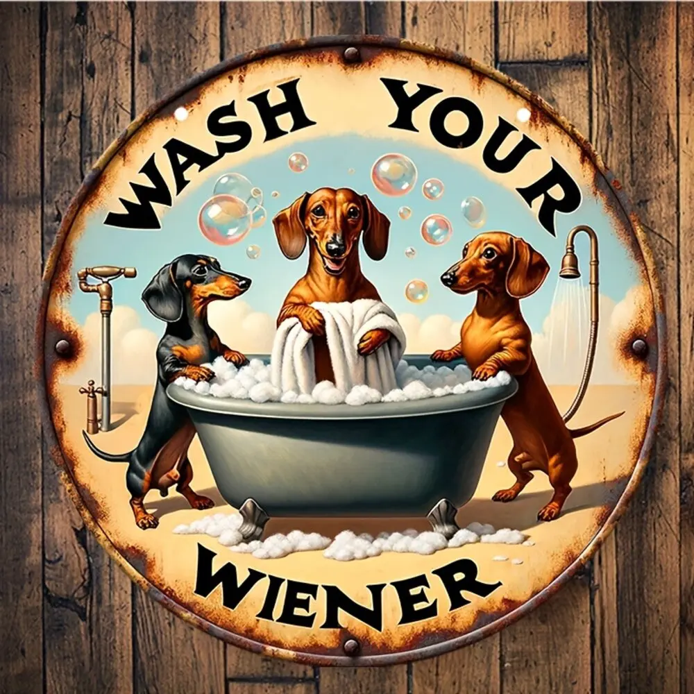 1 szt., drewniana okrągła lista „Wash Your Wiener” jamnik, klasyczny styl retro, prezent dla miłośników psów