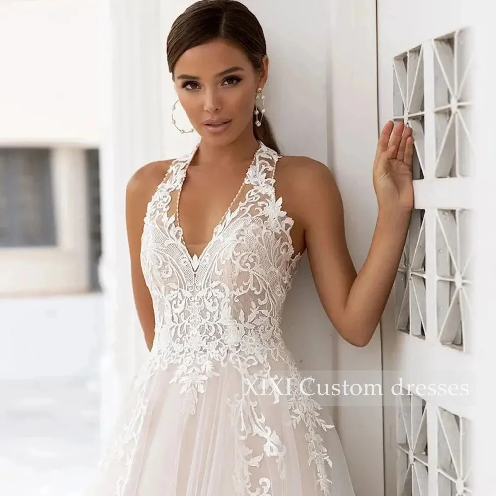 XIXI Customized Evening Dresses A-Line V-Neck Floor-Length Lace Tulle Zipper Up Sleeveless Lining Elegant Party Dresses For Wome