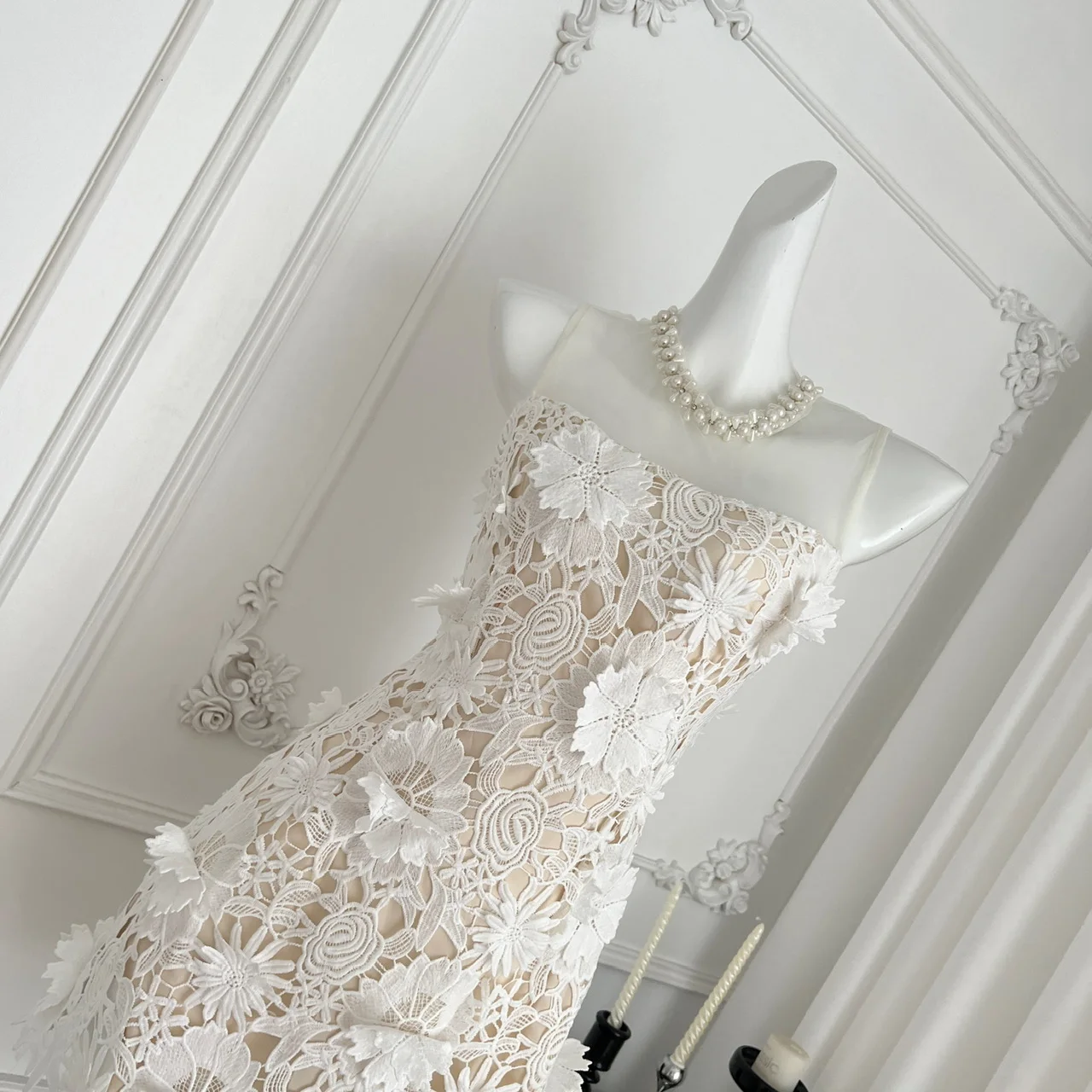 ผู้หญิง Elegant ไข่มุก O คอ 3d ดอกไม้ Slim Mini Dress Lady Gauze Patchwork ดอกไม้ชุดราตรีสั้นชุด