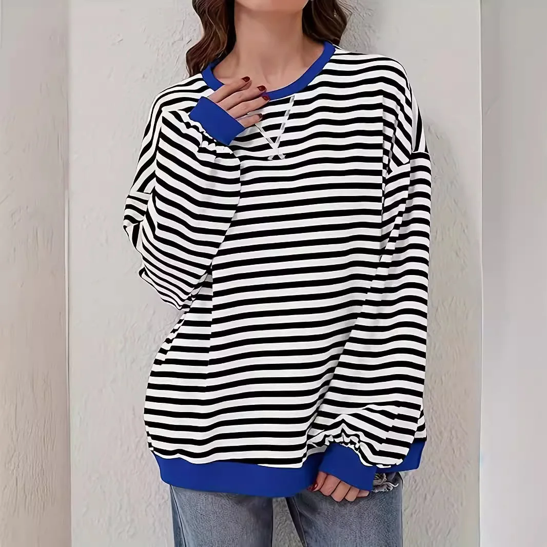 T shirt Women Spring Autumn stripe new pattern pahctwork round neck long sleeve women's tshirt slothing HMCY99231
