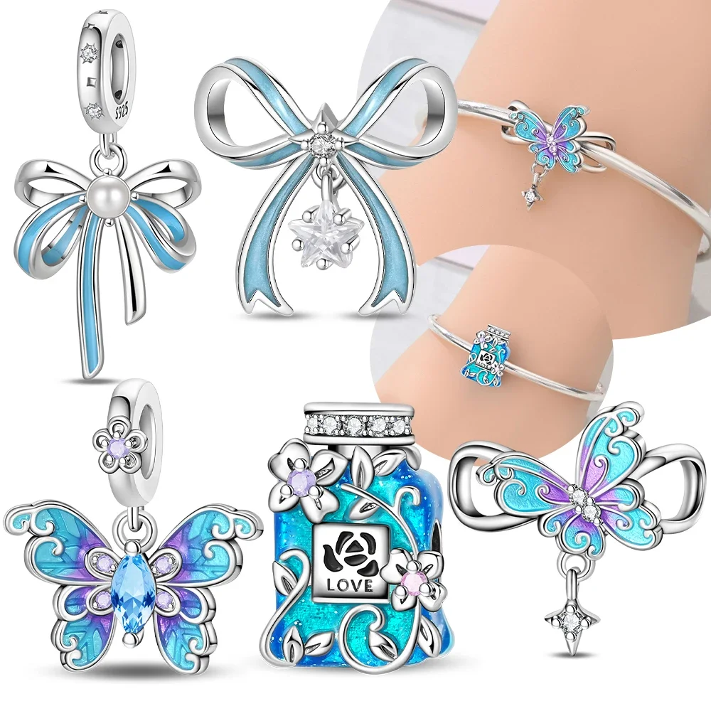 Blue Dreamy Romantic Butterfly Perfume Bottle Original 925 Silver Charms Beads Fit Bracelet Women Jewelry Accessory Gift Set