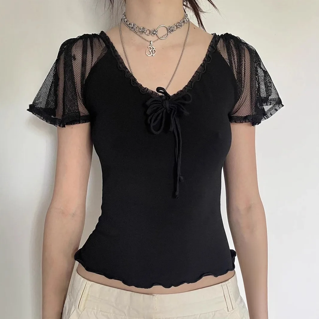 

Dark style mesh strap spicy girl top 2025 new product sexy V-neck slimming casual base top summer