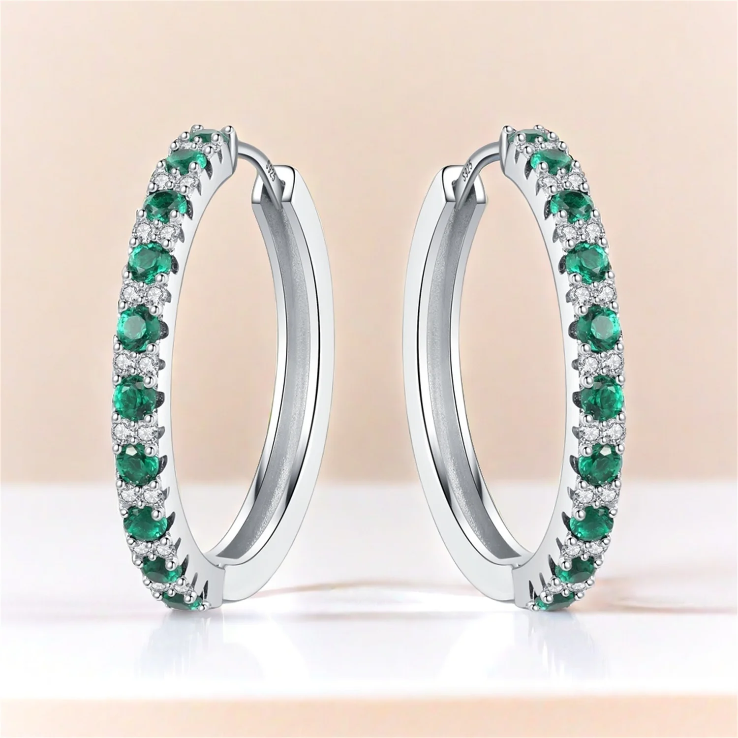 Immagine 3: PANPOKI S925 Orecchini semplici in argento sterling con zirconi verdi Orecchini a cerchio Gioielli da donna Regali di anniversario originali e alla moda