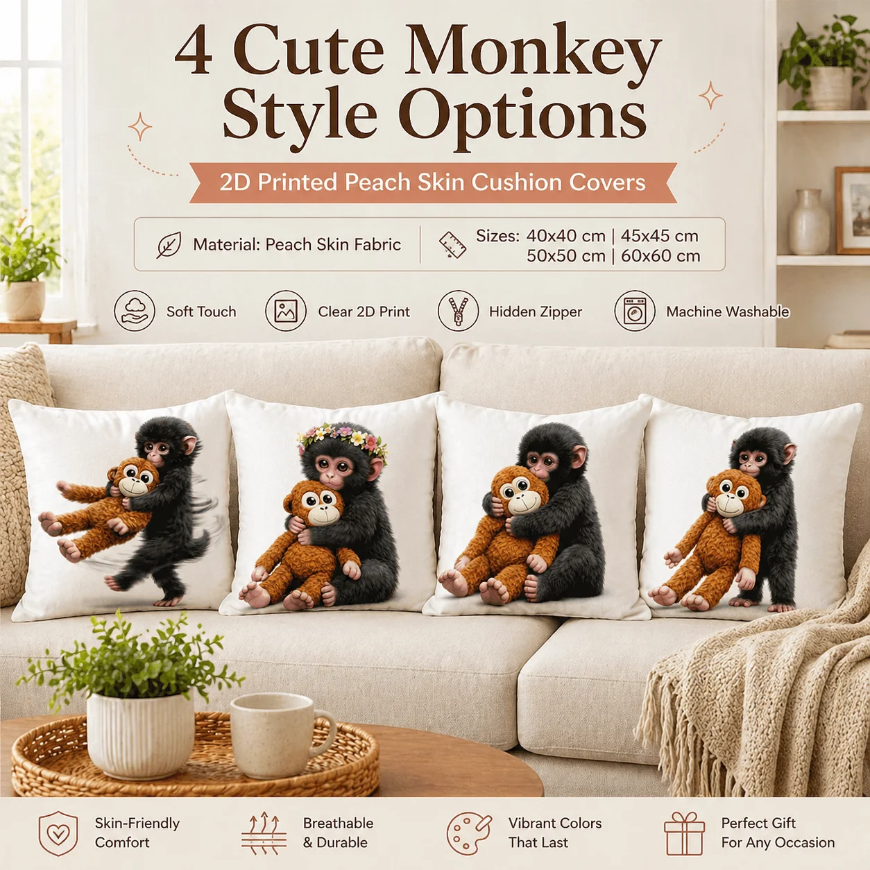 

Cute Monkey 2D Printed Peach Skin Cushion Cover Kawaii Animal Throw Pillowcase for Kids Room Sofa Decor Perfect Gift 45x45